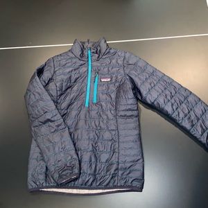 Patagonia puffer quarter zip with blue zippers, size S